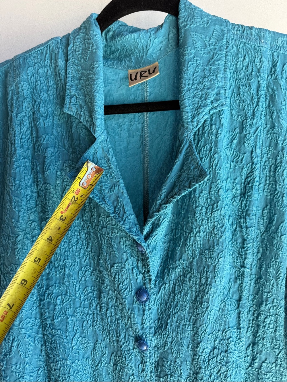 URU Silk Jacket Top kimono cardigan washable Long Sleeve vintage Teal Blue  XL - Picture 11 of 14